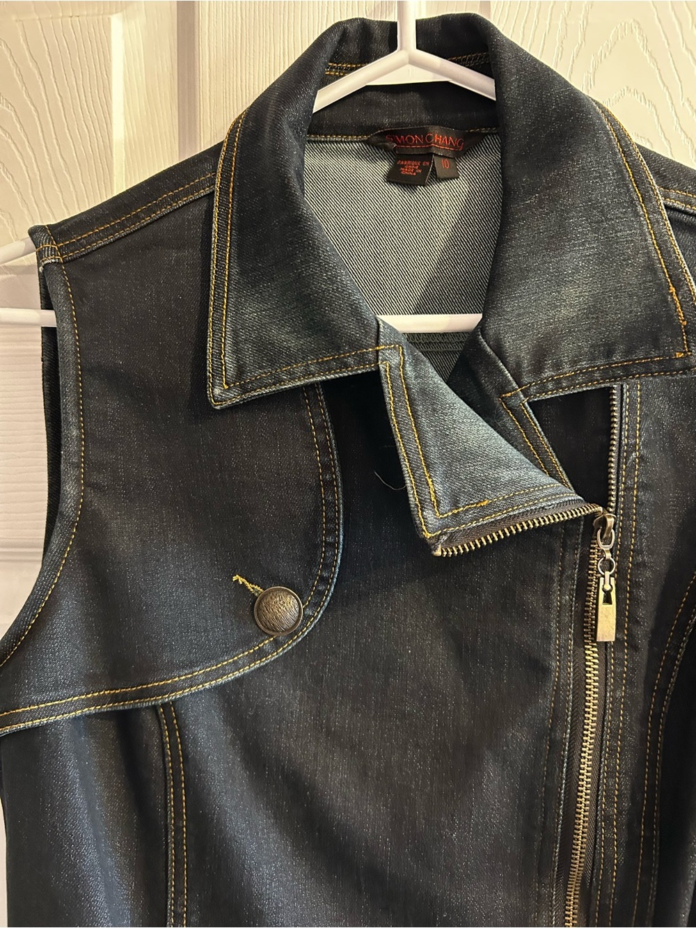 Simon Chang Dark Denim Vest with Brass Tone Hardware - Picture 3 of 7